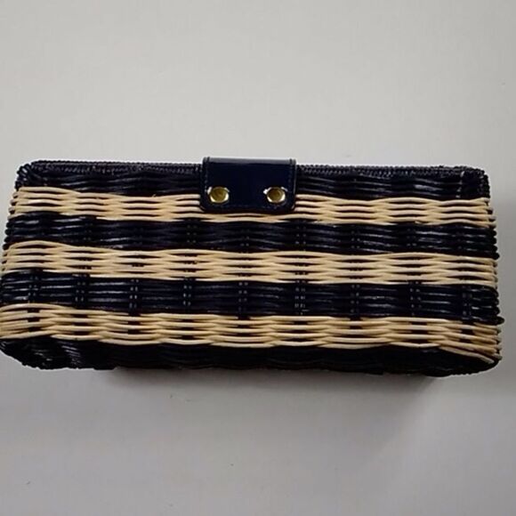 J CREW FACTORY HAVANA NAVY BLUE AND NATURAL WICKER STRAW CLUTCH EVENING BAG - Picture 15 of 16